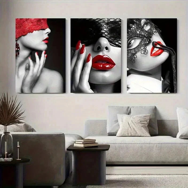 3pcs Red Lips with Lace Mask Abstract Perfect Wall Art Set Canvas Framed 50x70cm - High Quality Print 100% Australian Made Wall Canvas Ready to Hang - Bella Home Decor
