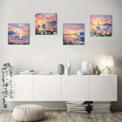 4pcs Sail sunset flowerWall Art Canvas Framed