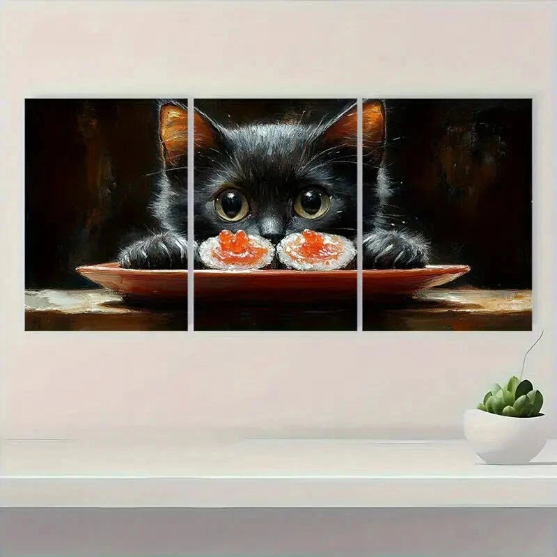 3pcs Charming Black Cat & Sushi Whimsical Metal Print Ready to Hang Art - Bella Home Decor