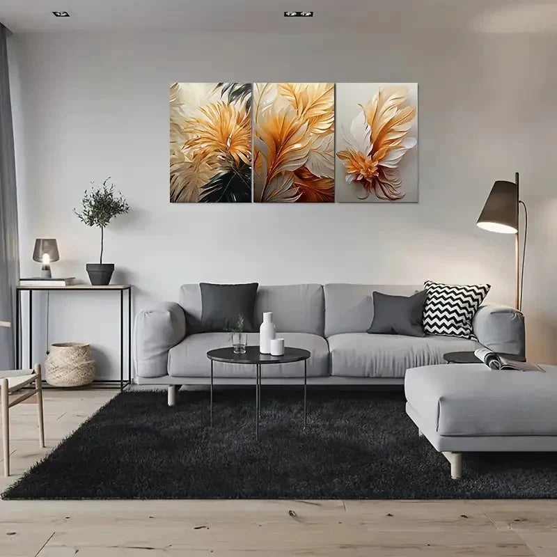 3pcs Abstract Feather Golden White Metal Print Ready to Hang Art - Bella Home Decor