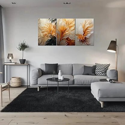 3pcs Abstract Feather Golden White Metal Print Ready to Hang Art - Bella Home Decor