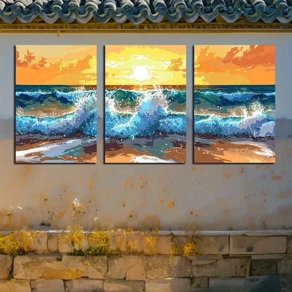 3pcs Vibrant Sea Dusk with Waves Illustration Wall Art Set Canvas Framed 40x60cm - High Quality Print 100% Australian Made Wall Canvas Ready to Hang - Bella Home Decor