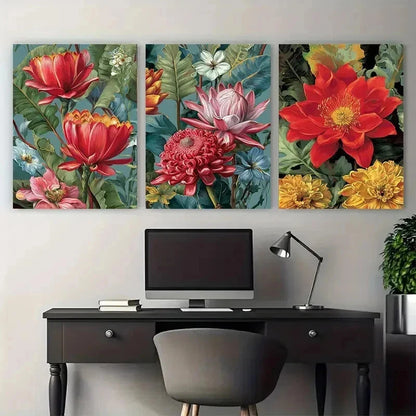 3pcs Indonesian Floral Southeast Asia Perfect Wall Art Set Canvas Framed 50x70cm - High Quality Print 100% Australian Made Wall Canvas Ready to Hang
