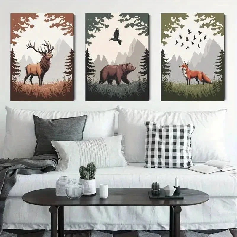 3pcs Deer, Bear, Fox, Pine Trees    Wall Art Set Canvas Framed 40x60cm - High Quality Print 100% Australian Made Wall Canvas Ready to Hang - Bella Home Decor