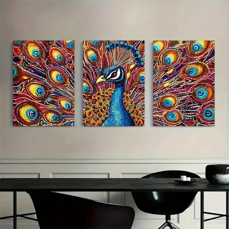 3pcs PeaRooster Feather Colorful Metal Print Ready to Hang Art - Bella Home Decor