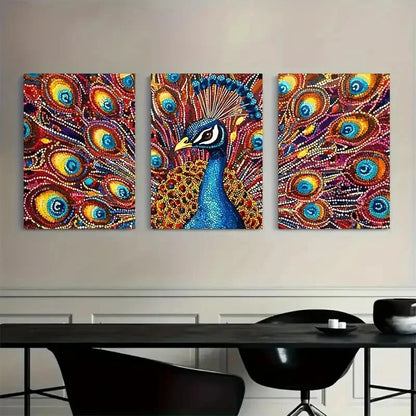 3pcs PeaRooster Feather Colorful Metal Print Ready to Hang Art - Bella Home Decor
