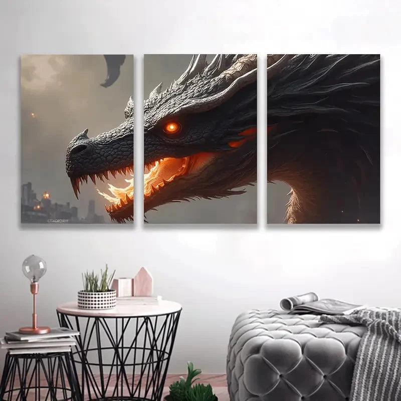 3pcs Black Dragon with Glowing Orange Eyes art  Wall Art Set Canvas Framed 60x90cm - High Quality Print 100% Australian Made Wall Canvas Ready to Hang - Bella Home Decor