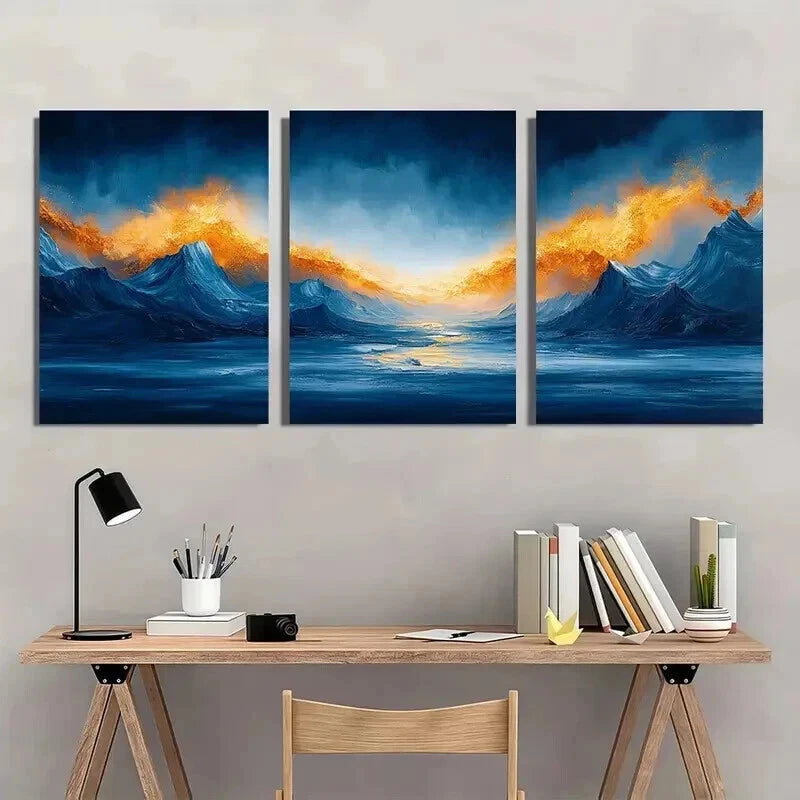 3pcs Abstract Blue & Golden Mountain Landscape Wall Art Set Canvas Framed 40x60cm - High Quality Print 100% Australian Made Wall Canvas Ready to Hang - Bella Home Decor