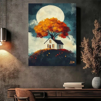 Beautiful Autumn Moonlit Cottage Painting 40x60cm Metal Print Ready to Hang - Bella Home Decor