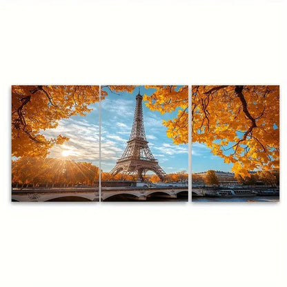 3pcs Eiffel Tower Yellow Leaves ET  Wall Art Set Canvas Framed 50x70cm - High Quality Print 100% Australian Made Wall Canvas Ready to Hang - Bella Home Decor