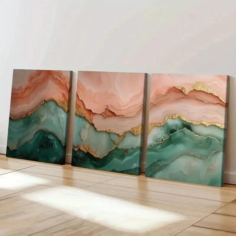 3pcs Teal and Pink with Golden Layered Abstract Wall Art Set Canvas Framed 40x60cm - High Quality Print 100% Australian Made Wall Canvas Ready to Hang