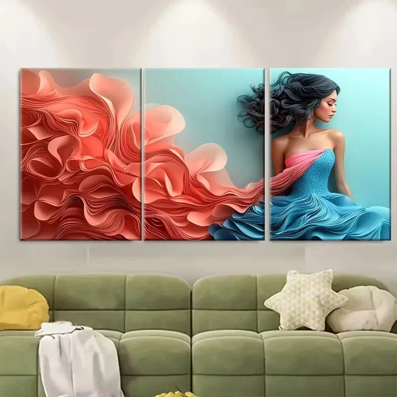 3pcs Woman in Blue Pink Dress Wall Art Set Canvas Framed 40x60cm - High Quality Print 100% Australian Made Wall Canvas Ready to Hang