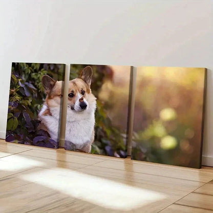 3pcs Corgi Dog Puppy Near a Bush Scenery Wall Art Set Canvas Framed 50x70cm - High Quality Print 100% Australian Made Wall Canvas Ready to Hang - Bella Home Decor