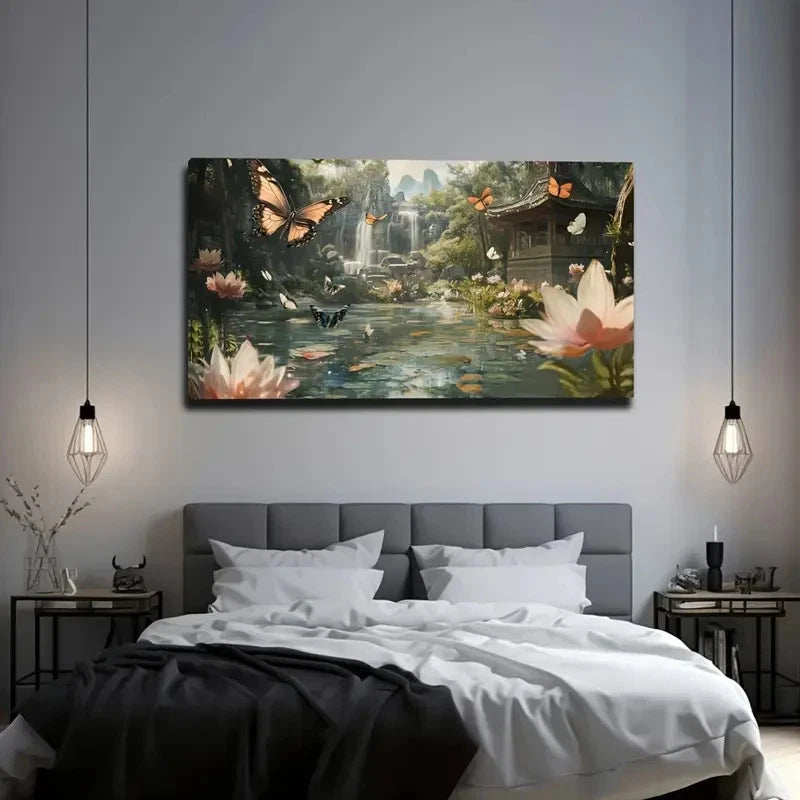 Butterfly & Waterfall Scene Wall Art Canvas Office Home Room Framed 120x60cm