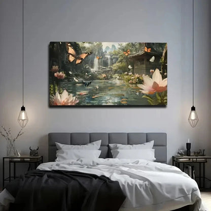 Butterfly & Waterfall Scene Wall Art Canvas Office Home Room Framed 120x60cm