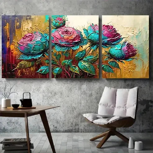3pcs Vibrant Teal & Pink Roses Textured Wall Art Canvas Unframed - High Quality Print 100% Australian Made Wall Canvas