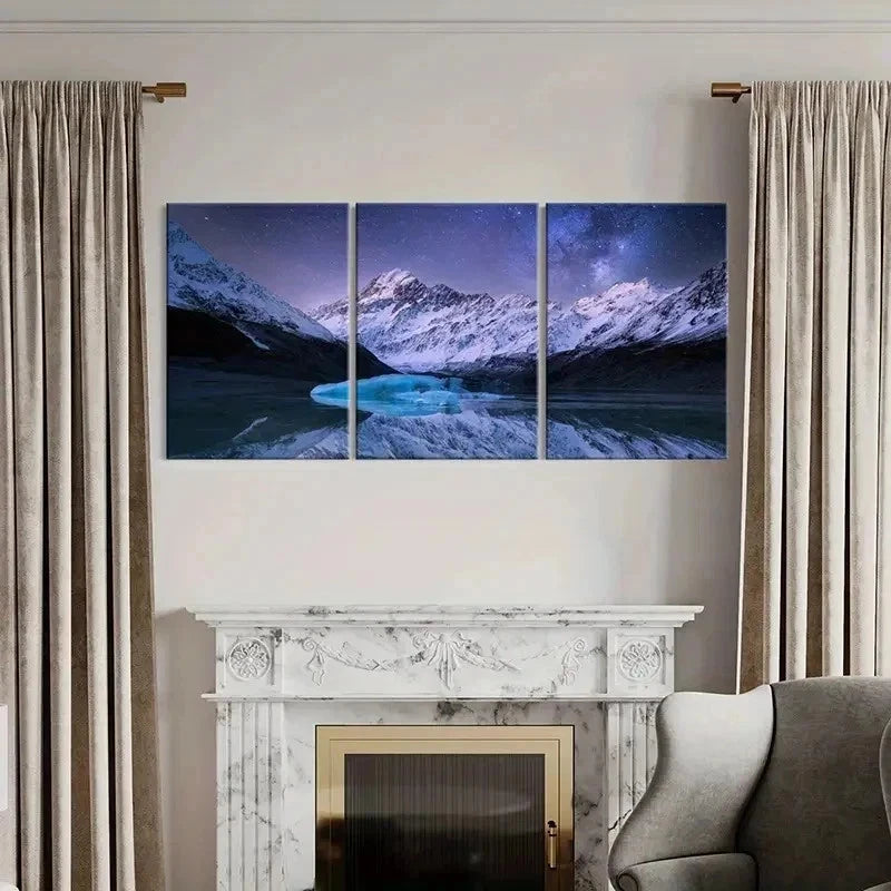 3pcs Night Scene Snowy Mountains & River Wall Art Set Canvas Framed 60x90cm - High Quality Print 100% Australian Made Wall Canvas Ready to Hang