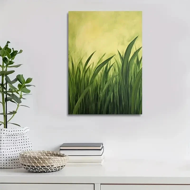 Beautiful Green Sugarcane Grassland Painting 40x60cm Metal Print Ready to Hang - Bella Home Decor