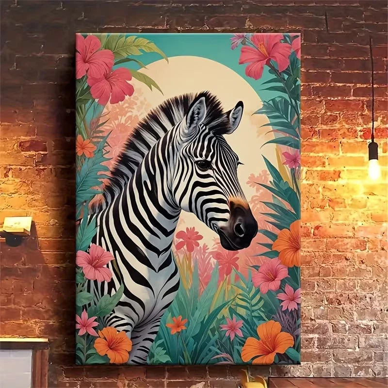 Vibrant Tropical Zebra Colorful Floral Background 60x90cm Metal Print Ready to Hang