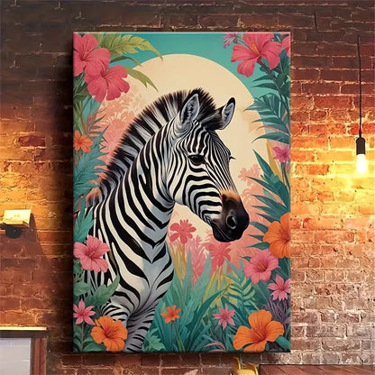 Vibrant Tropical Zebra Colorful Floral Background 60x90cm Metal Print Ready to Hang