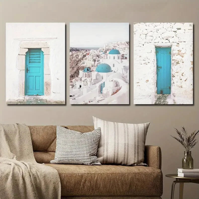 3pcs Turquoise Santorini Island Greece Blue Metal Print Ready to Hang Art