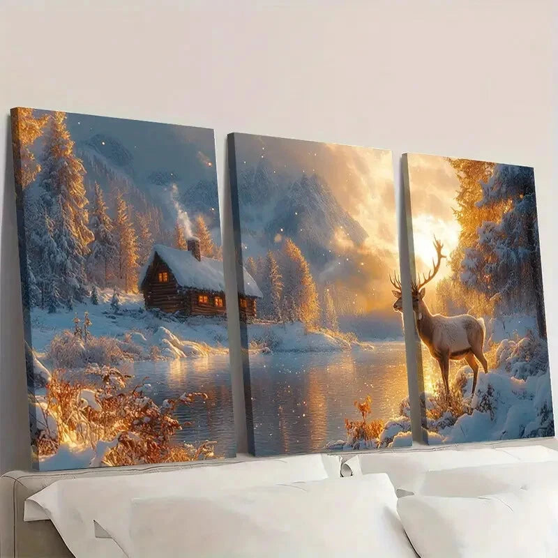 3pcs Landscape with Cozy Cabin & Majestic Stag Wall Art Set Canvas Framed 60x90cm - High Quality Print 100% Australian Made Wall Canvas Ready to Hang - Bella Home Decor