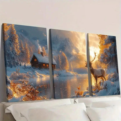 3pcs Landscape with Cozy Cabin & Majestic Stag Wall Art Set Canvas Framed 60x90cm - High Quality Print 100% Australian Made Wall Canvas Ready to Hang - Bella Home Decor