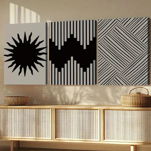 3pcs Abstract Modern Paintings Black Lines White  Wall Art Set Canvas Unframed - High Quality Print 100% Australian Made Wall Canvas - Bella Home Decor