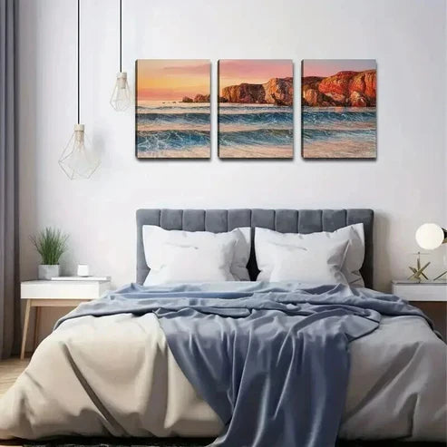 3pcs Vibrant Sunset Ocean Scene Coastal Art Set Canvas Unframed - High Quality Print 100% Australian Made Wall Canvas