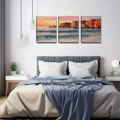 3pcs Vibrant Sunset Ocean Scene Coastal Art Set Canvas Unframed - High Quality Print 100% Australian Made Wall Canvas