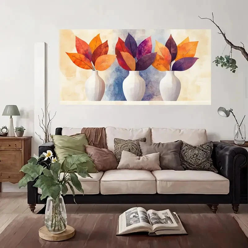 Autumn Leaves White Vases Wall Art Canvas Office Home Room Framed 120x60cm