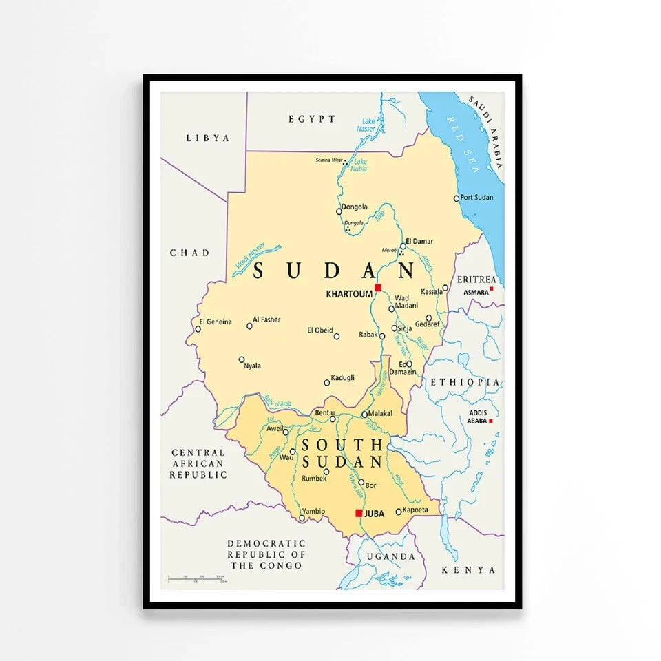Sudan And South Sudan Political map with details 91x61cm poster AU