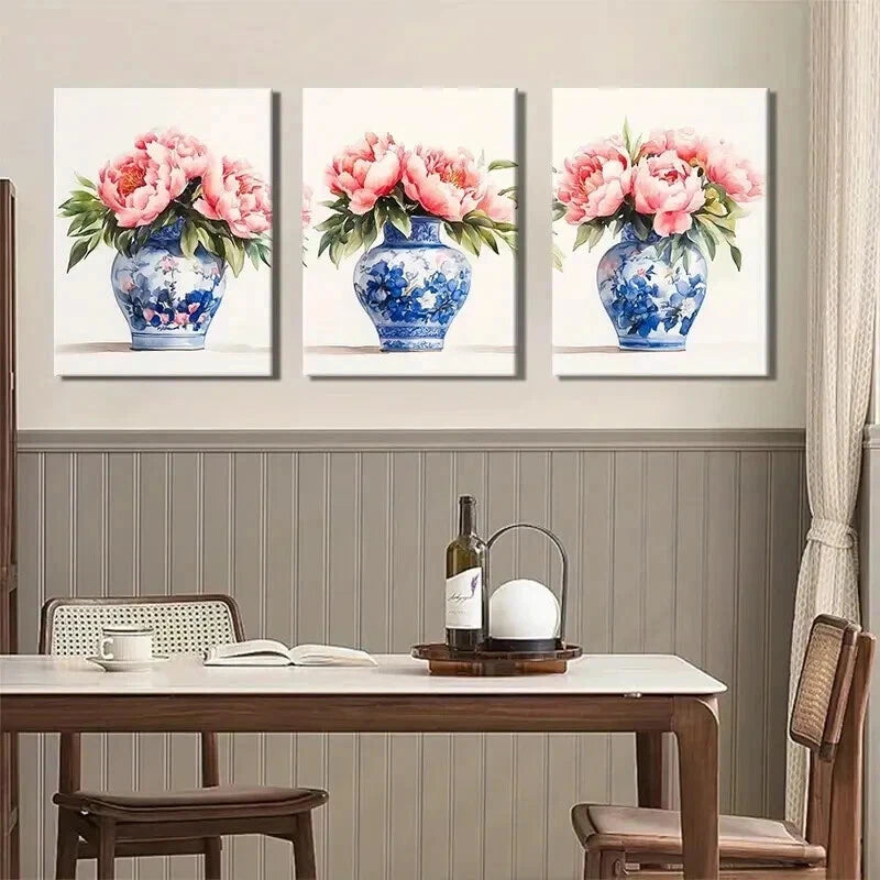 3pcs Blue and White Porcelain Vase Perfect Wall Art Set Canvas Framed 60x90cm - High Quality Print 100% Australian Made Wall Canvas Ready to Hang - Bella Home Decor