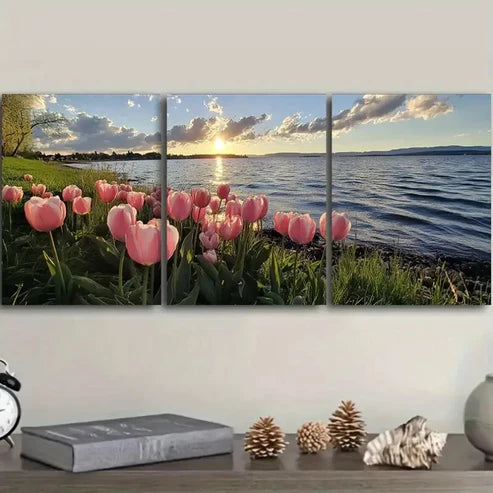 3pcs Tulip Sunset Scene Sun Colorful Perfect Wall Art Set Canvas Unframed - High Quality Print 100% Australian Made Wall Canvas