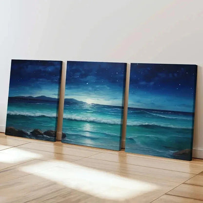3pcs Natural Sea View At Night Starry Sky Wall Art Set Canvas Framed 50x70cm - High Quality Print 100% Australian Made Wall Canvas Ready to Hang - Bella Home Decor