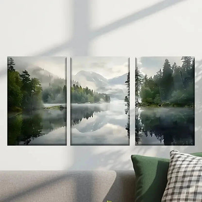 3pcs Misty Lake with Trees and Mountains Wall Art Set Canvas Framed 50x70cm - High Quality Print 100% Australian Made Wall Canvas Ready to Hang
