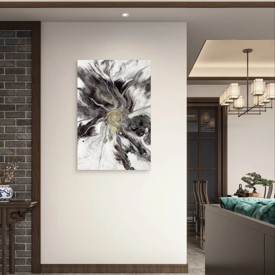 Minimalist Black, White and Gold Fluid Acrylic 40x60cm Metal Print Ready to Hang