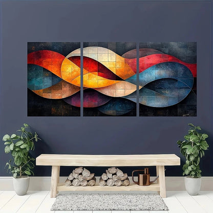 3pcs Abstract Geometric Vibrant Curves Metal Print Ready to Hang Art - Bella Home Decor