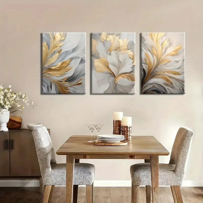 3pcs Modern Abstract Golden & White Metal Print Ready to Hang Art - Bella Home Decor