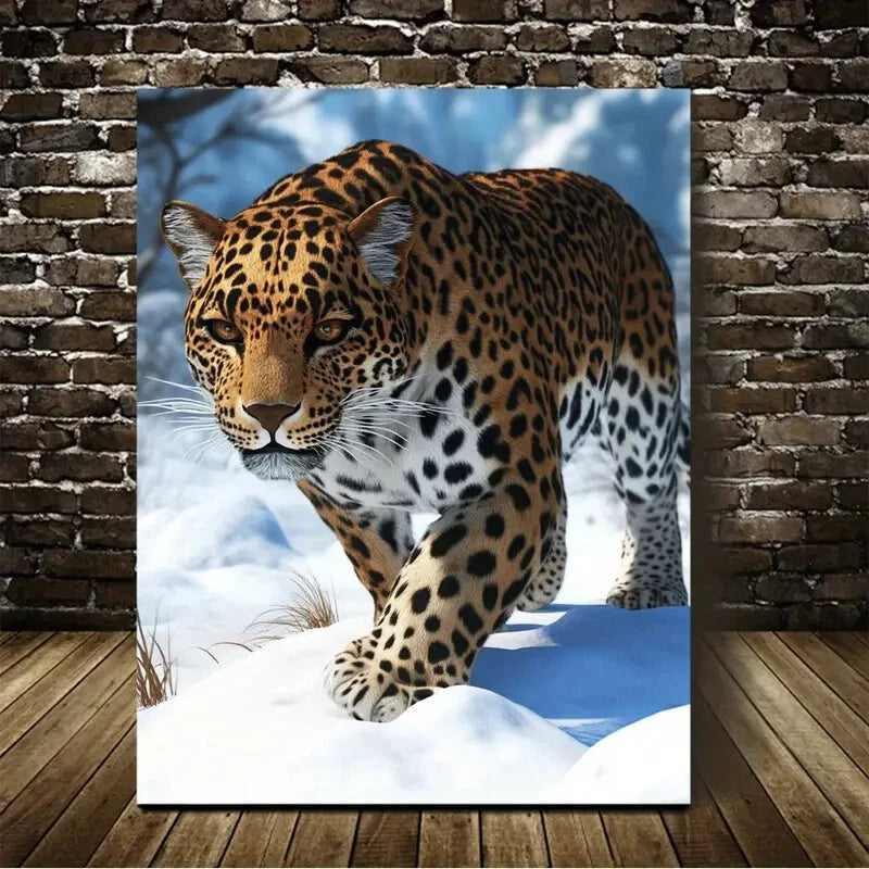 Beautiful African Leopard On The Snow Painting 40x60cm Metal Print Ready to Hang - Bella Home Decor