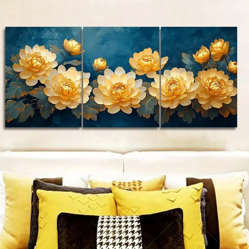 3pcs Golden chrysanthemums Wall Art Set Canvas Framed 60x90cm - High Quality Print 100% Australian Made Wall Canvas Ready to Hang - Bella Home Decor
