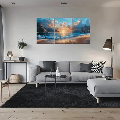 3pcs Ocean Waves & Rocky Shoreline Sunset Metal Print Ready to Hang Art