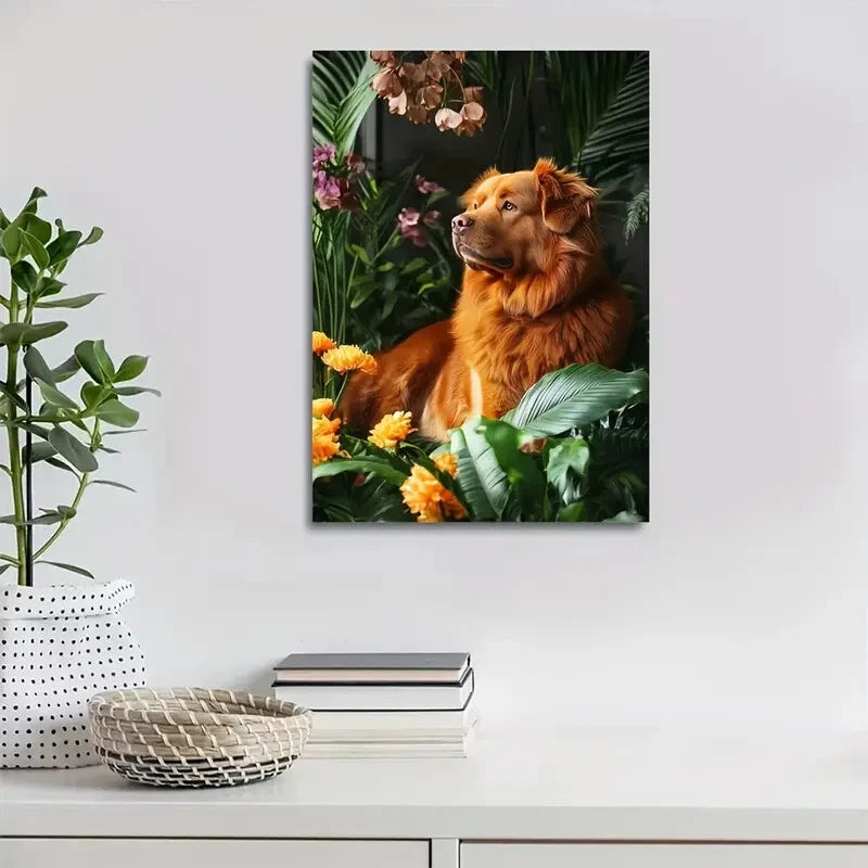 Vibrant Tropical Floral & Tibetan Mastiff Dog Painting 40x60cm Metal Print Ready to Hang