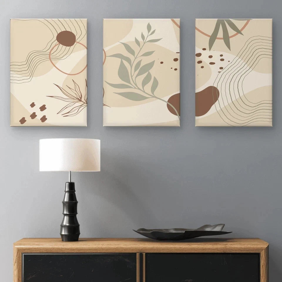 3pcs Neutral Botanical Abstract Shapes Wall Art Set Canvas Framed 50x70cm - High Quality Print 100% Australian Made Wall Canvas Ready to Hang
