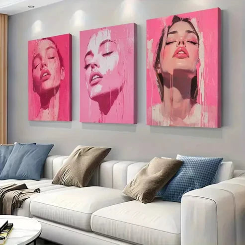 3 PCS Pink Female Portrait Triptych Wall Art Set Canvas Unframed - High Quality Print 100% Australian Made Wall Canvas - Bella Home Decor