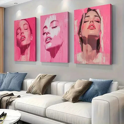 3 PCS Pink Female Portrait Triptych Wall Art Set Canvas Unframed - High Quality Print 100% Australian Made Wall Canvas - Bella Home Decor