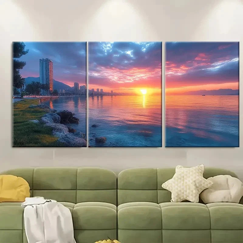 3pcs Durres Sunrise Spectacular Cityscape Seascape Metal Print Ready to Hang Art - Bella Home Decor