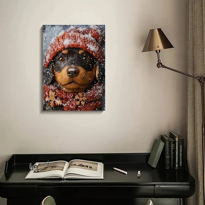 Adorable Rottweiler Puppy Wearing a Winter Painting 40x60cm Metal Print Ready to Hang - Bella Home Decor