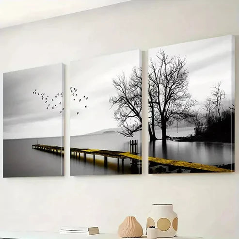3pcs Black And White Lakeside Wooden Walkway Canvas Unframed - High Quality Print 100% Australian Made Wall Canvas