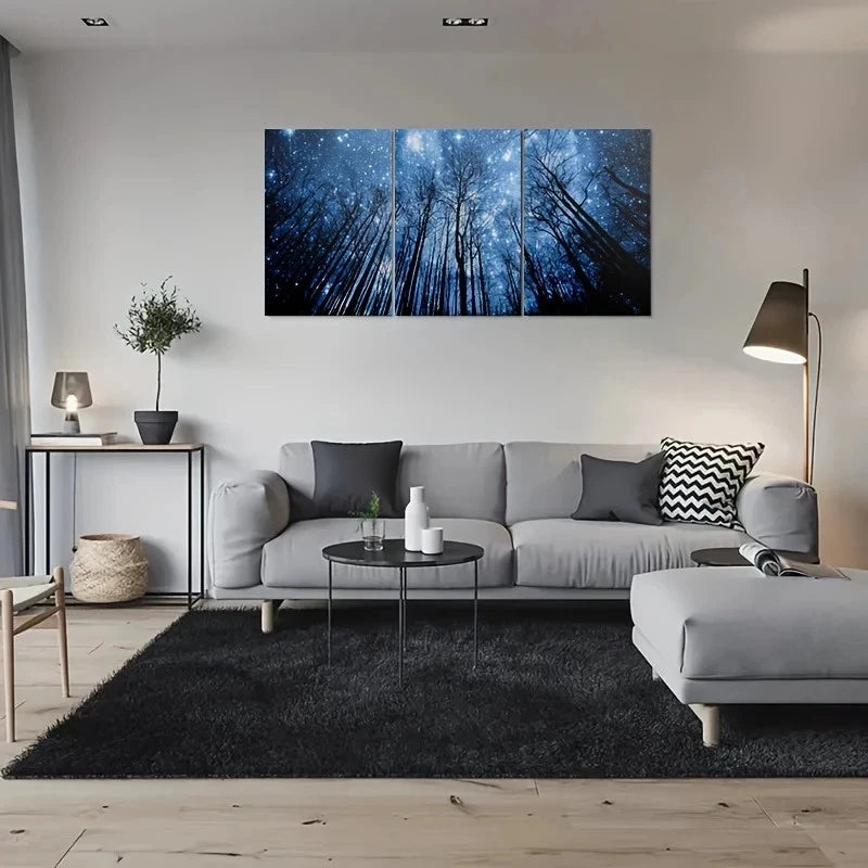 3pcs Blue Forest Night Sky Modern Metal Print Ready to Hang Art - Bella Home Decor